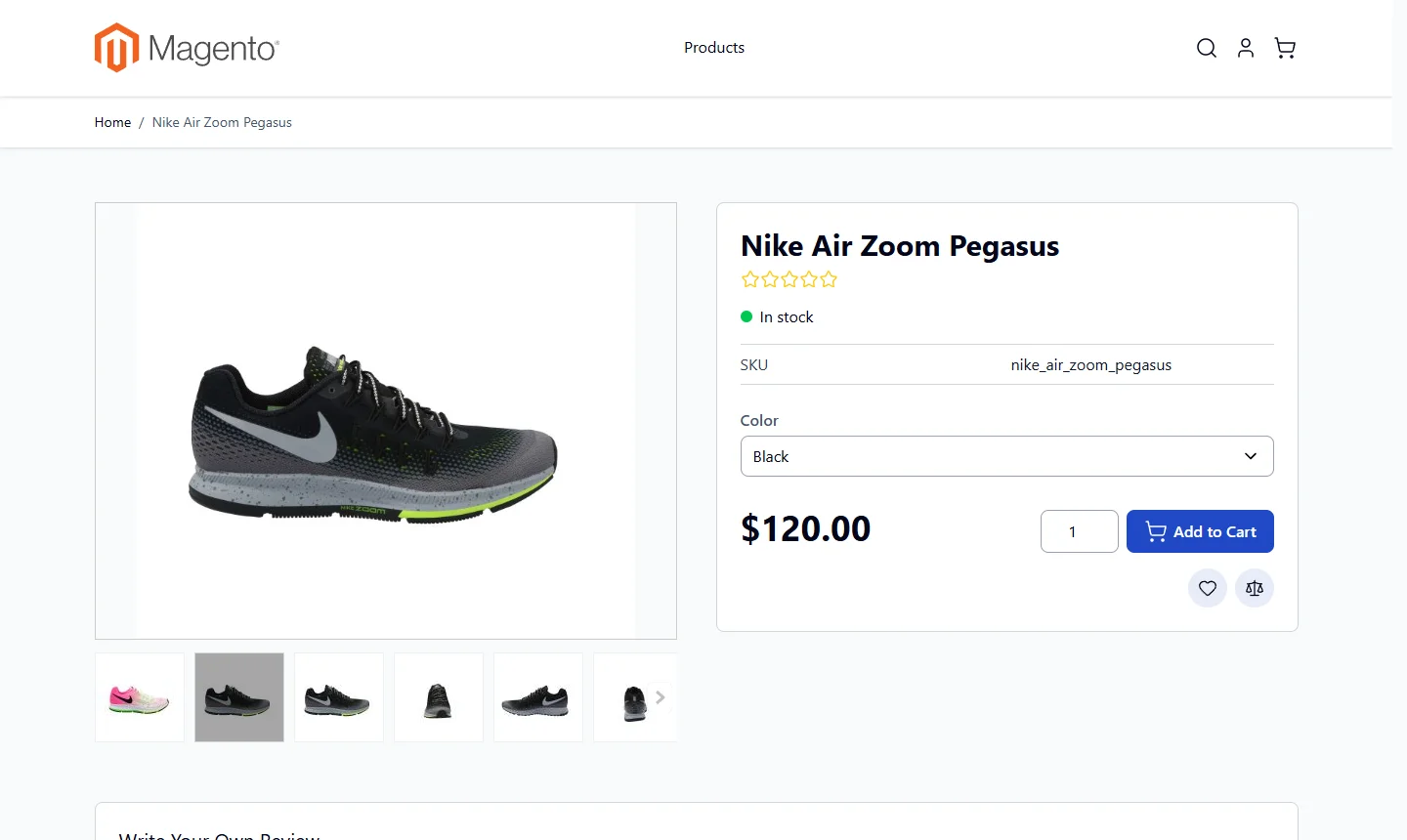 Configurable product in the Hyvä theme with the Black variant selected