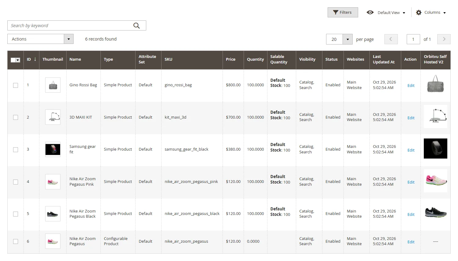 Orbitvu Self Hosted V2 column in the product grid