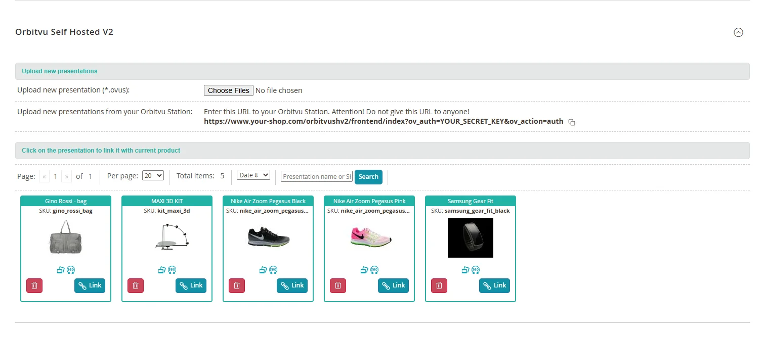 List of presentations that can be linked to the product